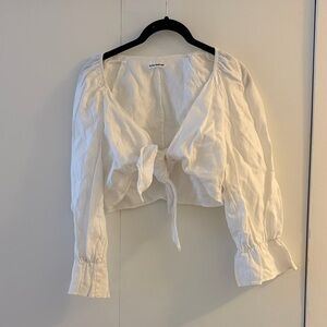 REFORMATION Cream Tie-Front Linen-Blend Puff Sleeve Blouse